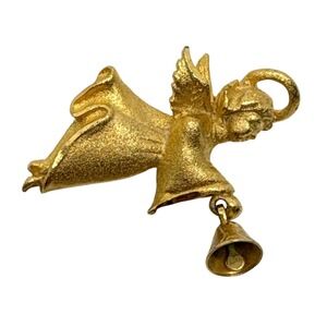 Vintage 1990s JJ Angel Pin Brooch Gold Tone Bell‎ Dangle Christmas Holiday USA